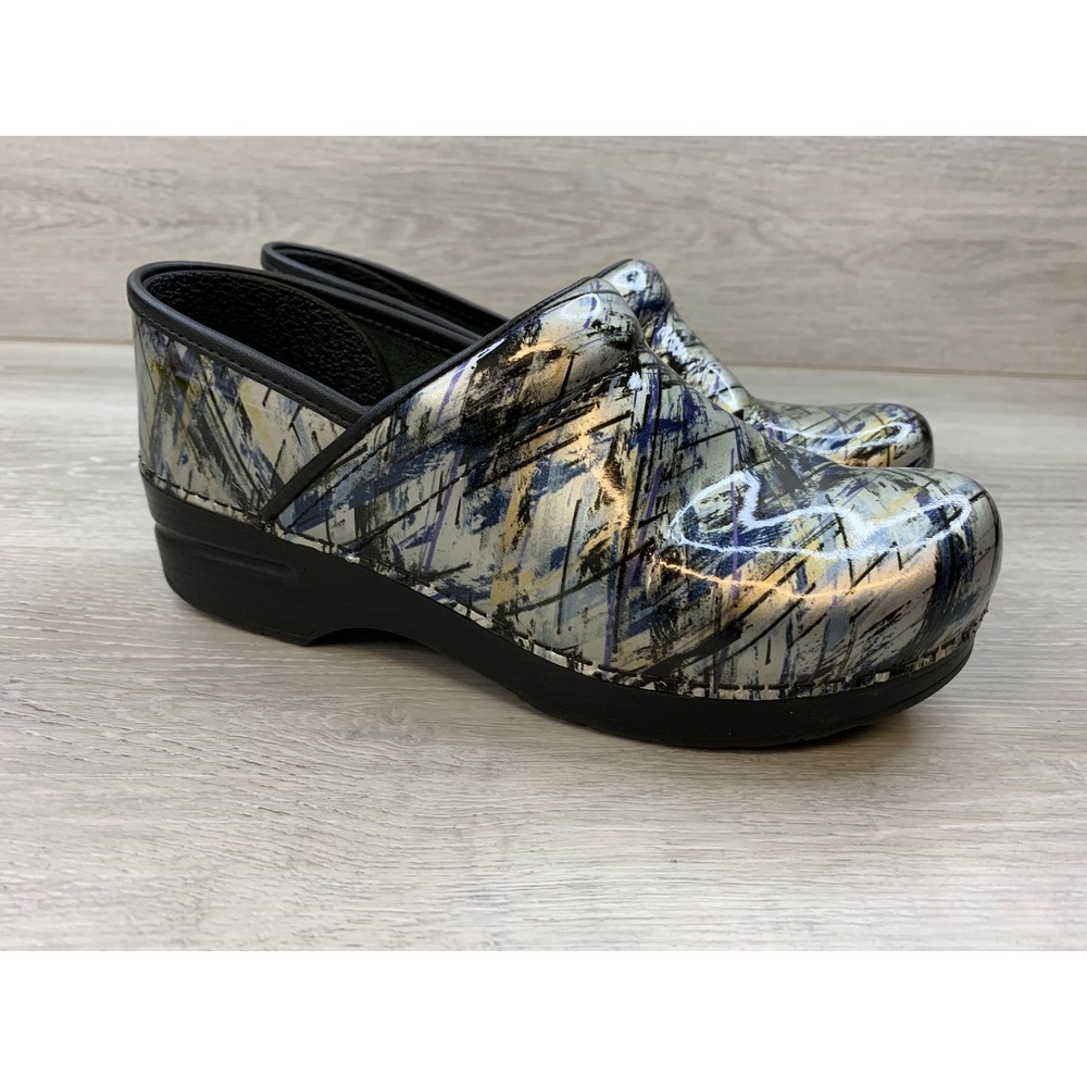 Dansko Professional Clogs Silver Blue Abstract Patent Leather Nursing Shoes